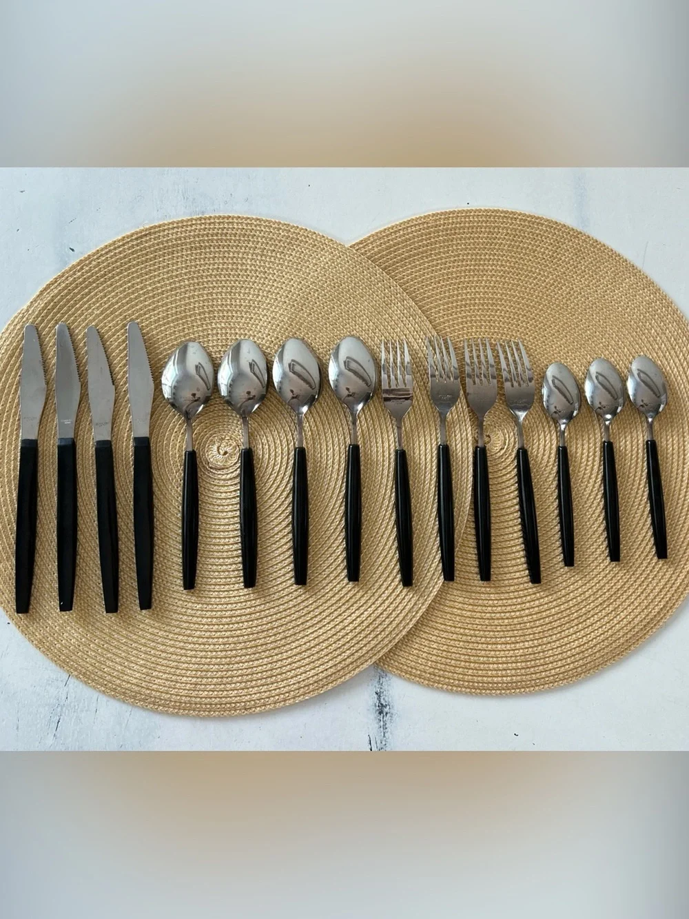VTG Lifetime Cutlery Japan 15 pc Bamboo Inset Black Handle 7Spoons4Knives4Forks